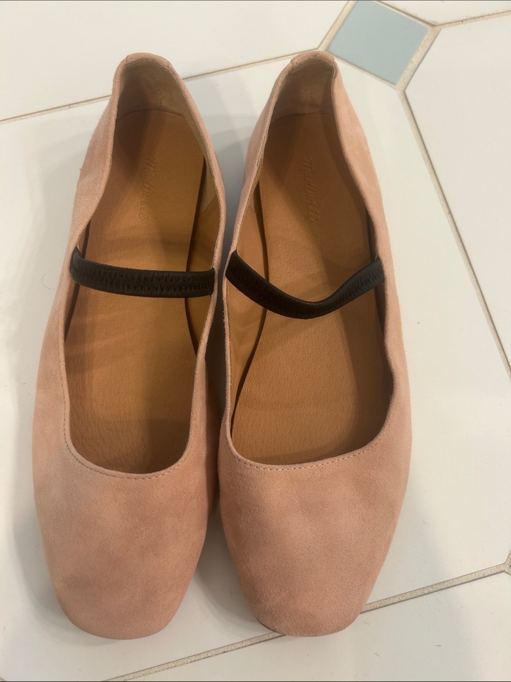 Madewell Blush Suede Mary Jane Flats with Black Strap